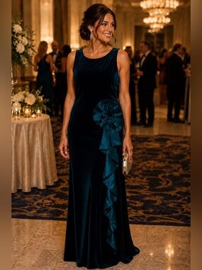 NWT Jessica Howard Velvet Gown Size 14 Teal Floral Rosette Formal Evening Dress